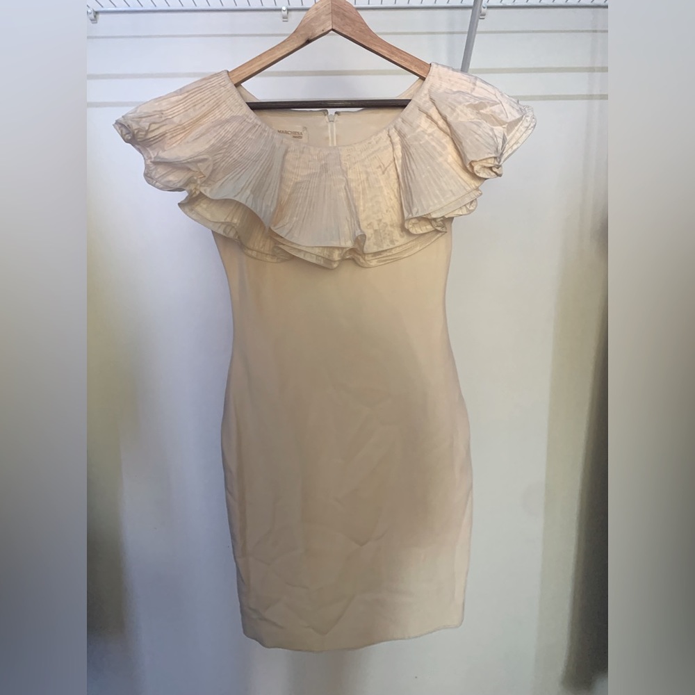 Marchesa Notte Sheath Dress with ruffle neckline